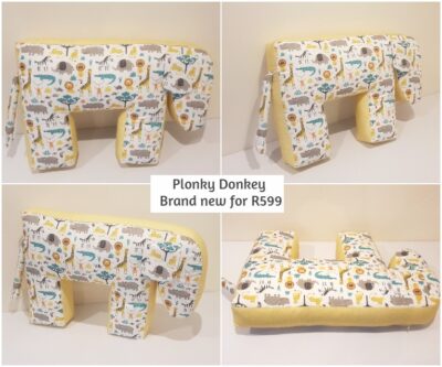 Plonky Donkey Breastfeeding/Tummy Time Pillow (white with colourful safari animals & yellow prism abstract on the side)