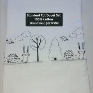 Standard Cot Duvet Set 100% Cotton (white with charcoal embroidery animals)