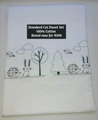 Standard Cot Duvet Set 100% Cotton (white with charcoal embroidery animals)