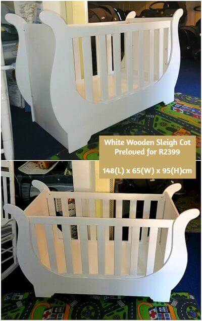 White Wooden Sleigh Cot with adjustable levels