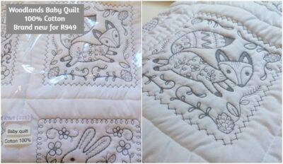 Woodlands Baby Quilt 100% Cotton (white with grey embroidery)