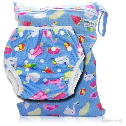 The perfect combo of Swimming Nappy and Wetbag. The Swimming Nappy fits babies from 3.5 – 18kgs. Which means there is no need to buy different sizes as your baby grows. There are 3 rows of side snaps on both sides to adjust the waist size. The front two rows of rise snaps adjusts the nappy to small 3.5-6.5kgs, medium 7-11kgs, or large 12-18kgs. The outer is high quality PUL (polyurethane laminate), a soft, waterproof, breathable and stretchable fabric. The inner lining is made from Polyester mesh. No inserts are required inside as the Swim Nappy is designed to contain the solids and not the wee. We recommended rinsing your swim nappy immediately after use in chlorinated pools. The waterproof wetbag allows you to carry your wet and dry items in the same bag. Each bag contains a “wet” section that is sewn and sealed for no wicking or leaking AND a zippered dry section along with a clever snap handle for easy carrying. Size: 30cm x 40cm Two separate waterproof zipped compartments Holds approximately one Towel and change of clothing. Machine washable