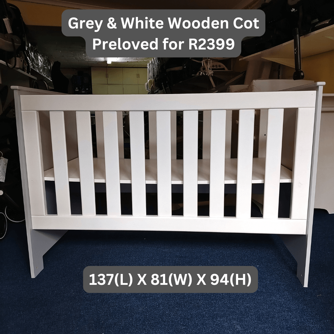 Grey & White Wooden Cot Preloved for R2399