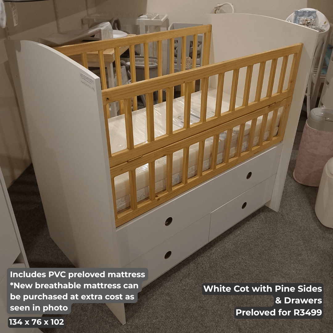 White Cot with Pine Sides _ Drawers