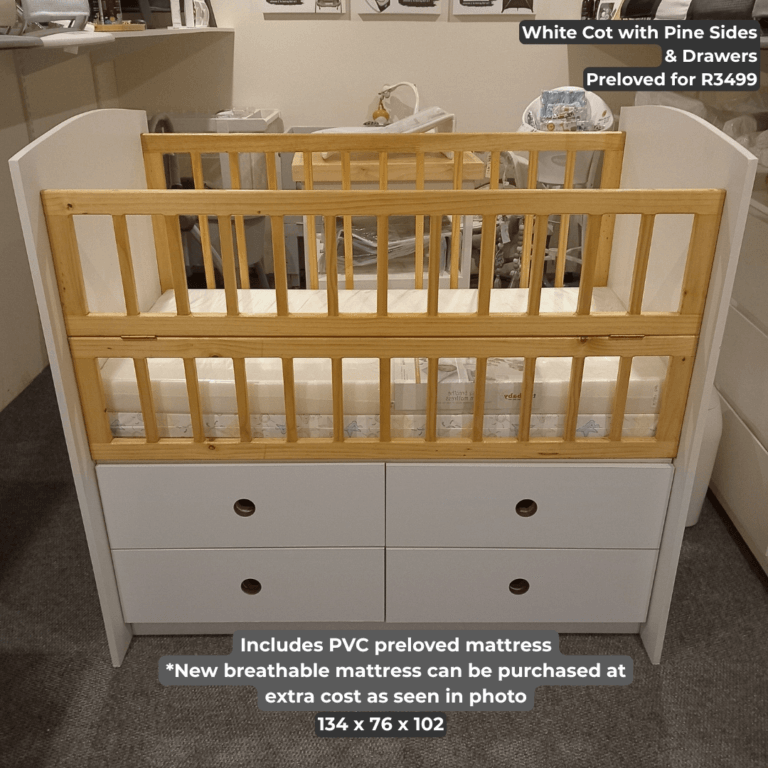 White Cot with Pine Sides _ Drawers