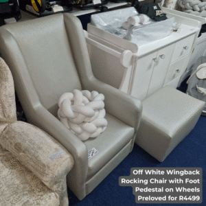 Off White Wingback Rocking Chair with Foot Pedestal on Wheels