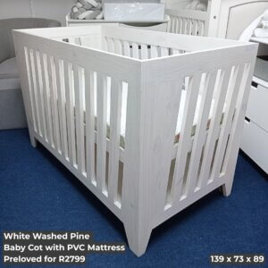 White Washed Pine Baby Cot with PVC Mattress