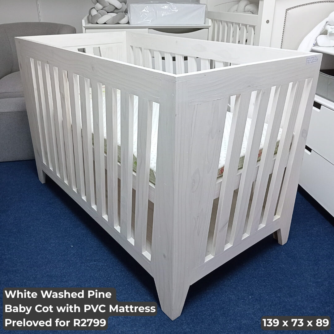 White Washed Pine Baby Cot with PVC Mattress