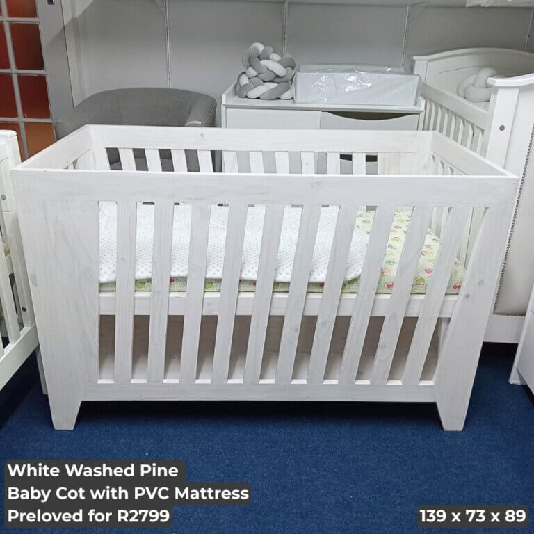 White Washed Pine Baby Cot with PVC Mattress