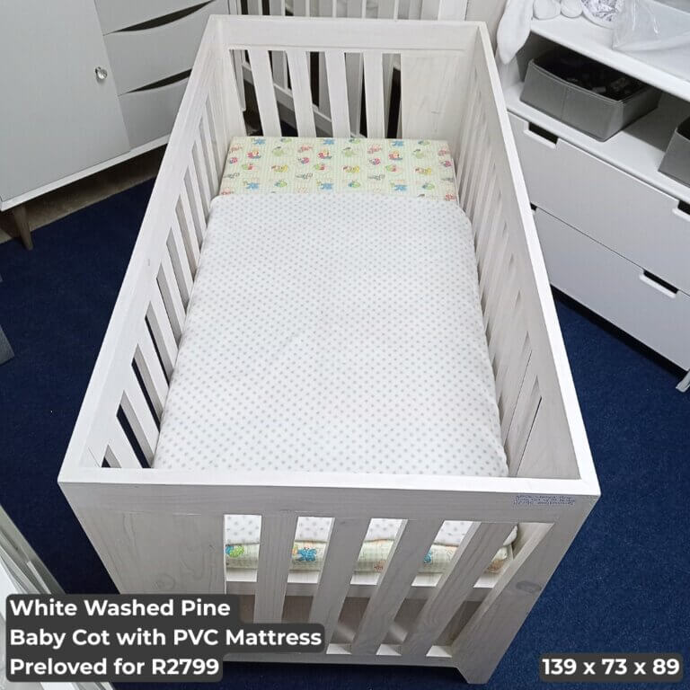 White Washed Pine Baby Cot with PVC Mattress