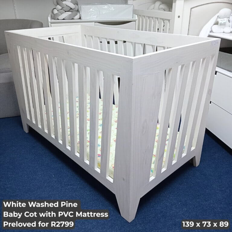 White Washed Pine Baby Cot with PVC Mattress