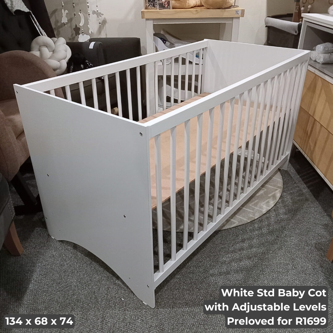 White Std Baby Cot with Adjustable Levels