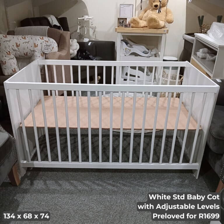 White Std Baby Cot with Adjustable Levels