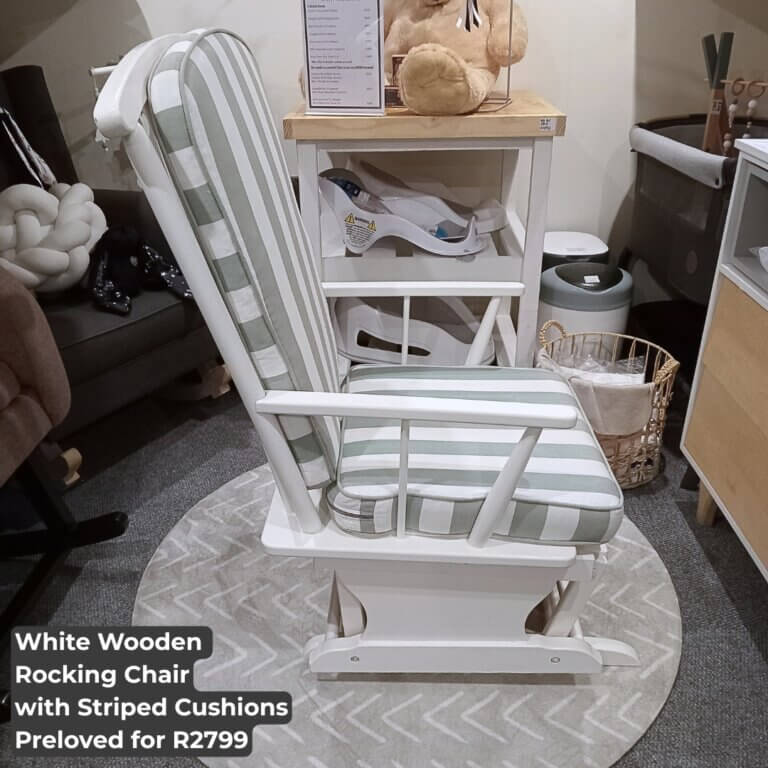 White Wooden Rocking Chair with Striped Cushions